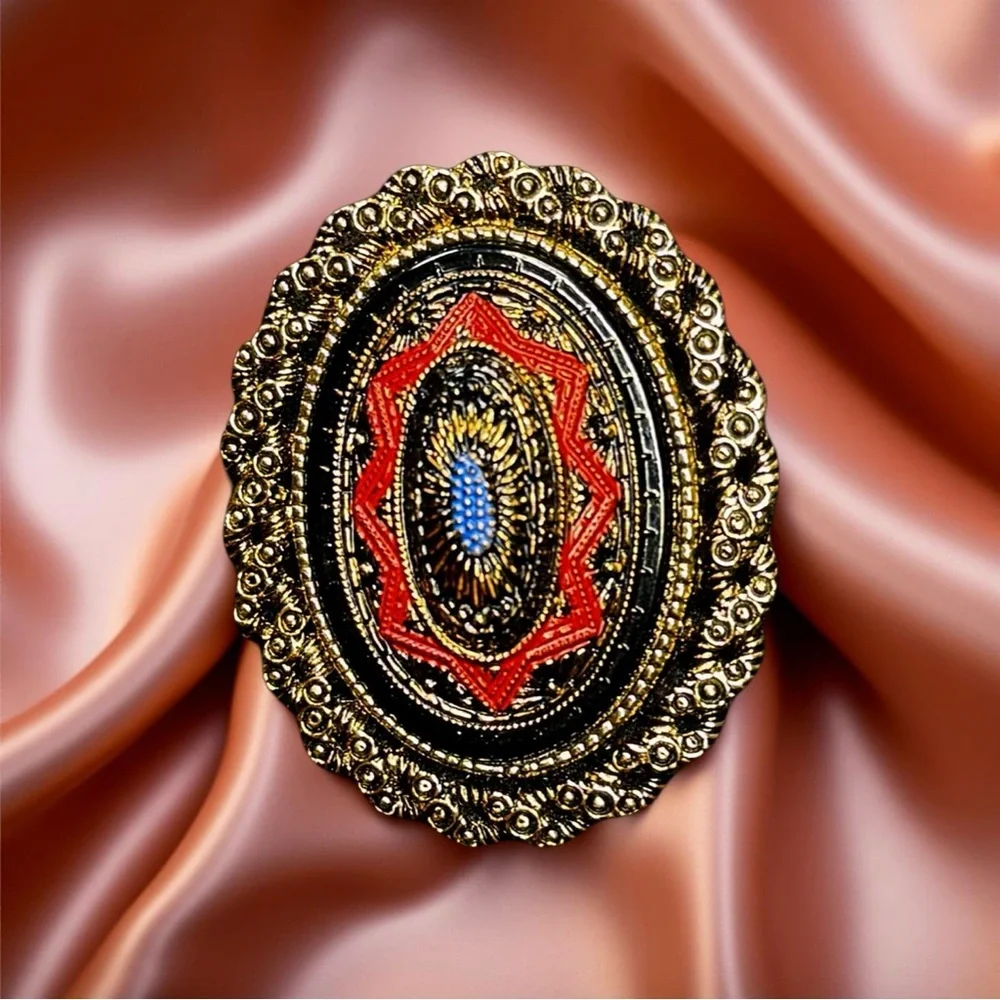 Vintage Style Beaded Brooch with Gold and Red Accents
